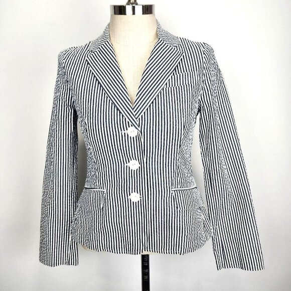 Sandro Seersucker Blazer Womens S Navy Blue White Striped Nautical Preppy Cotton - Picture 1 of 12